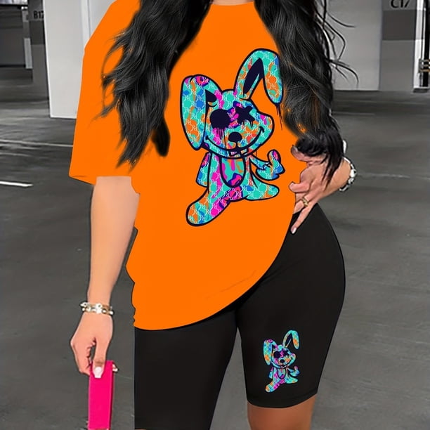 Conjunto de dos piezas con estampado de dibujos animados, camiseta de manga corta con cuello redondo y pantalones cortos, conjunto casual de verano de 2 piezas, ropa de mujer