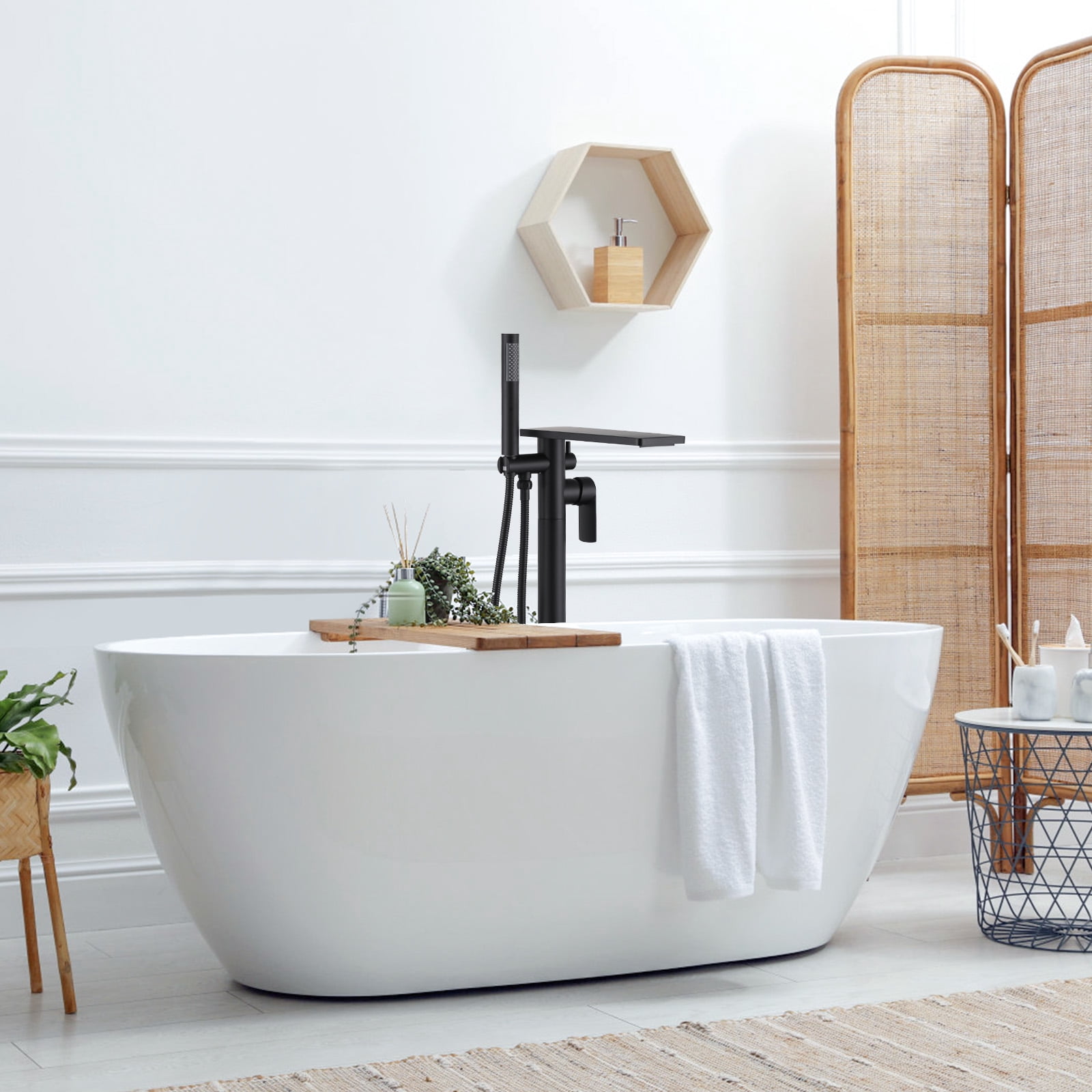Wowow Brass Freestanding Bathtub Faucet Single-Handle Floor Mount Claw Foot Tub Faucet with Hand Shower in Matte Black