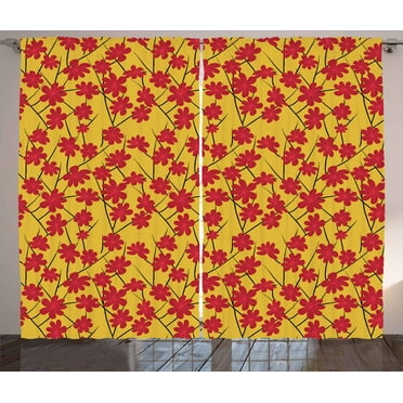 Ambesonne Floral Curtains 2 Panel Set, Japanese Blossom Sakura, 108" x 96", Earth Yellow Dark Brown