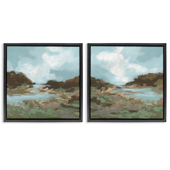 Stupell Industries Winding River Landscape Scene Landscape & Nature Painting Black Floater Framed Canvas Art Print Wall Art, 18 x 18, Set of 2