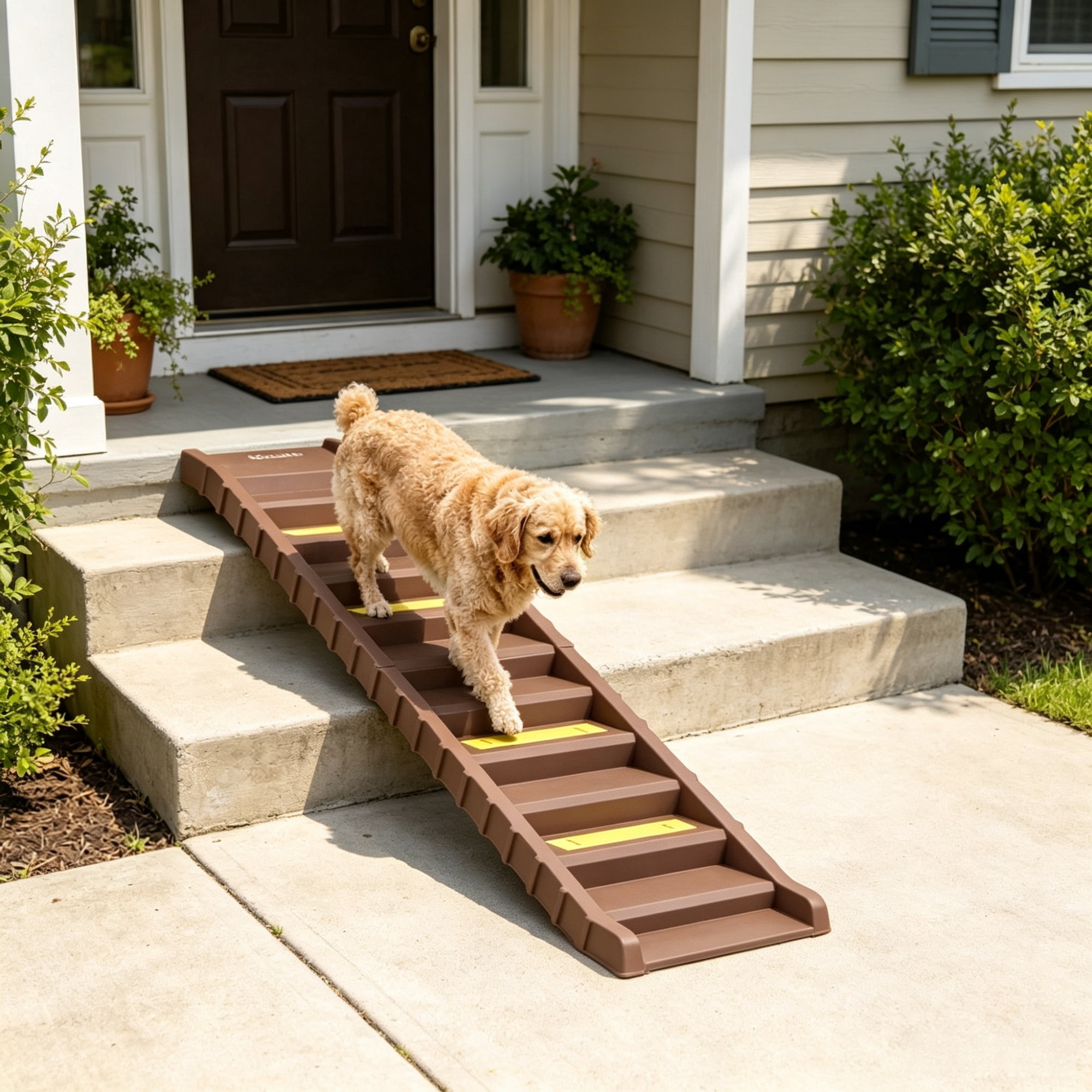 Portable Dog Ramp, Foldable Stairs for Medium Small Dogs to Get on Car Truck SUV, Brown