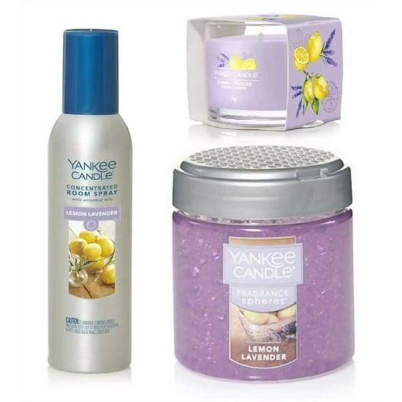 Yankee Candle Lemon Lavender Home Fragrance Gift Set with a Concentrated Room Spray, an Odor Neutralizing Fragrance Sphere, and a Mini Candle 3pc in an Organza Gift Bag