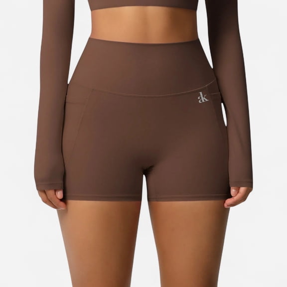 Women's High Waist Active Shorts with Stretch Compression Fit Seamless Construction and Side Pocket Detail - Brown, X Large