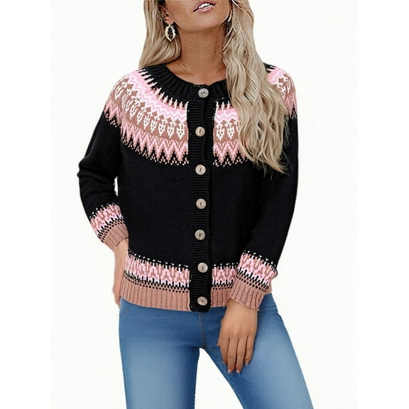 Women's Fair Isle Cardigans Casual Long Sleeve Chunky Knit Button Down Sweaters Festive Holiday & Winter Wear Pink S