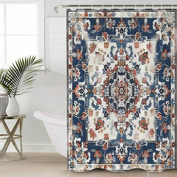 Boho Navy Blue Red Waterproof Fabric Shower Curtain, Southwestern Geometric Vintage Art Shower Curtain for Bathroom Curtains Bathtubs Hotel Washable Shower Curtains with 12 Hooks Stall 54x78in