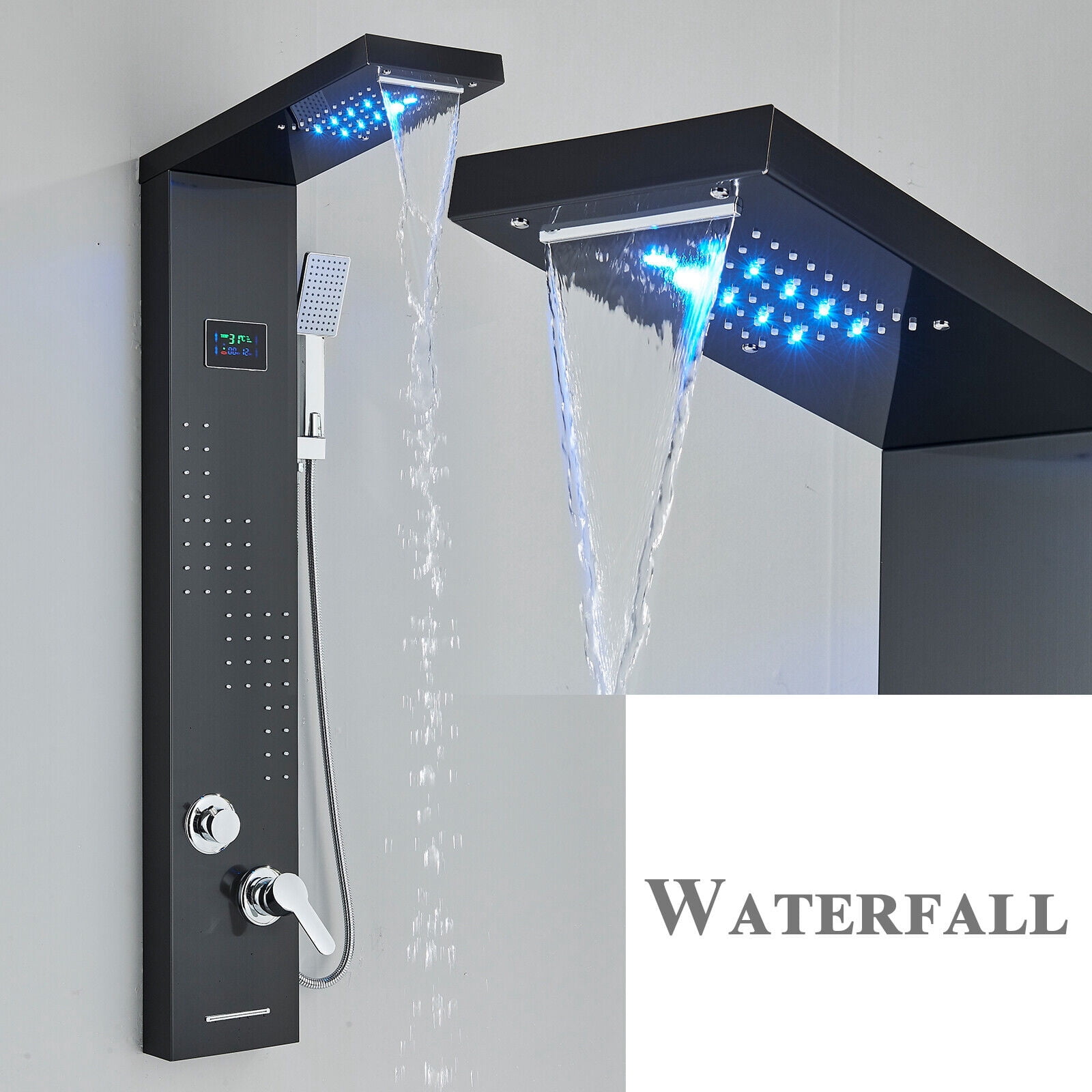 Black LED Shower Panel Tower System Rain&Waterfall Massage Jets Stainless Steel