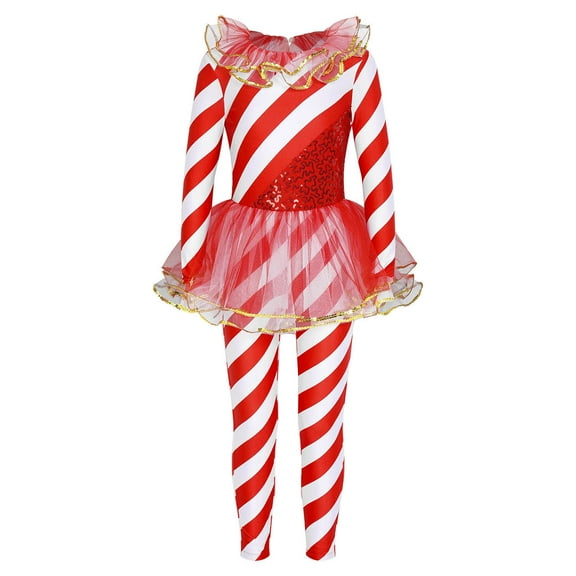 YONGHS Girls Christmas Candy Cane Striped Unitard Ruffle Jumpsuit Ballet Dance Performance Costume Red 12