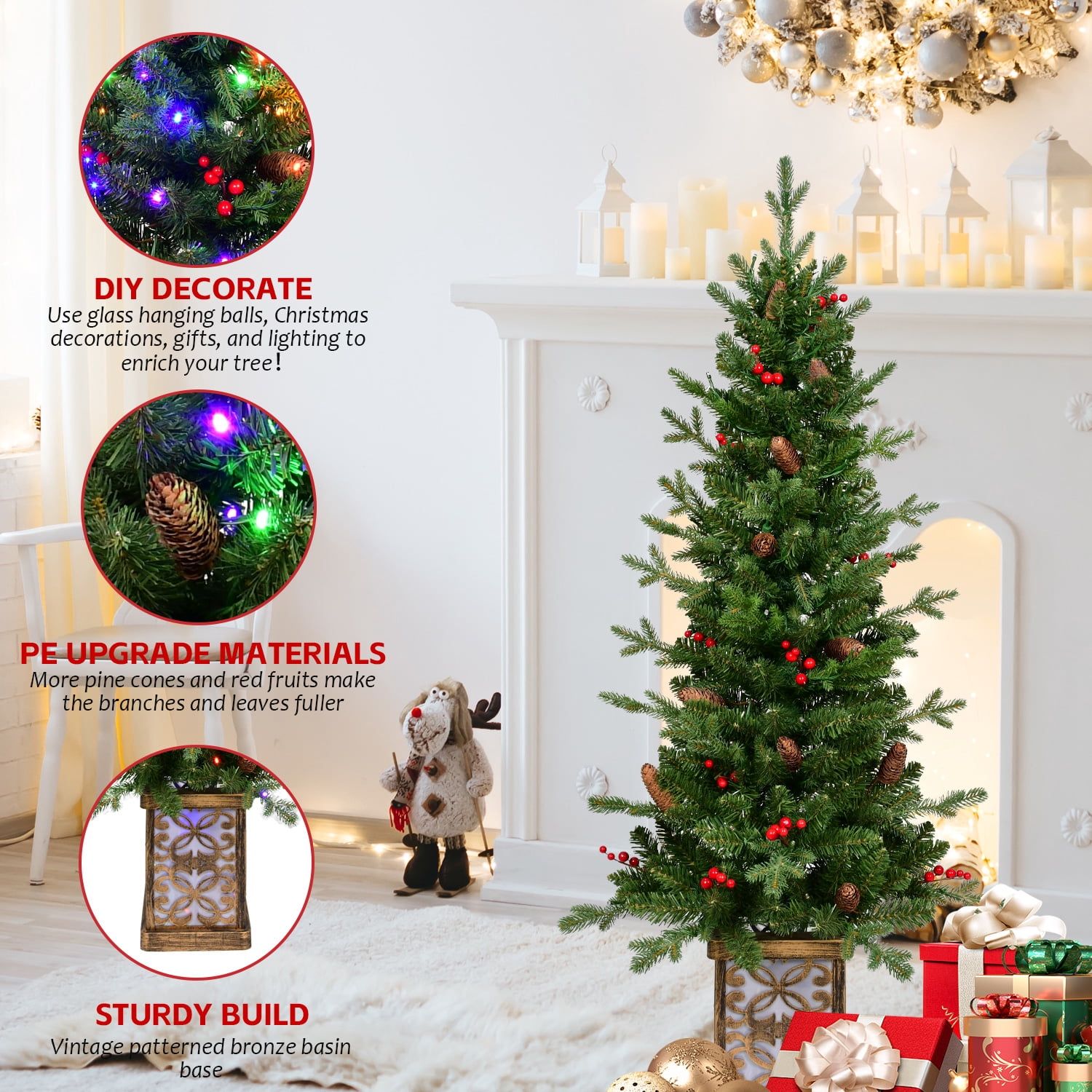 Sparkling Glitter Base Prelit Christmas Tree 100 LED Lights Berries Cones PE PVC Tips Holiday Decor