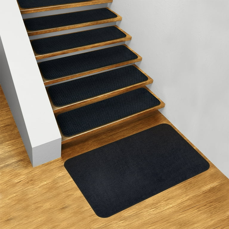 Set of 15 Skid-Resistant Carpet Stair Treads and Matching Landing Rug -  Navy Blue