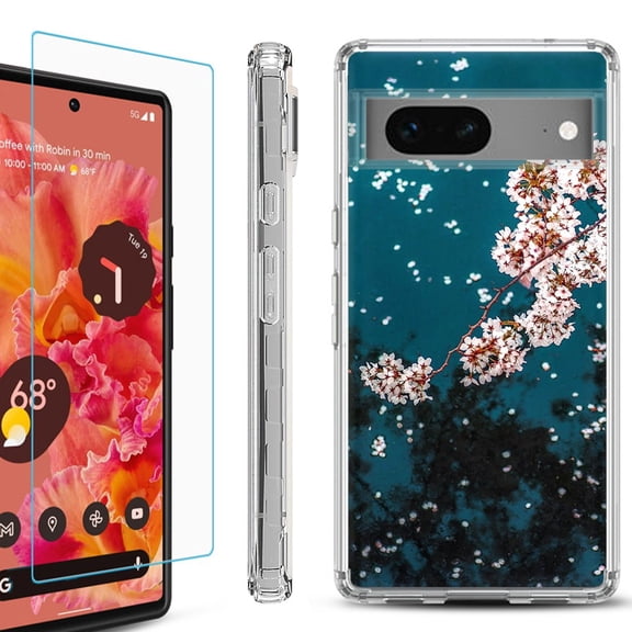 OneToughShield ® for Google Pixel 7a Shockproof Bumper Phone Case, with Tempered Glass Screen Protector - Night Blossom