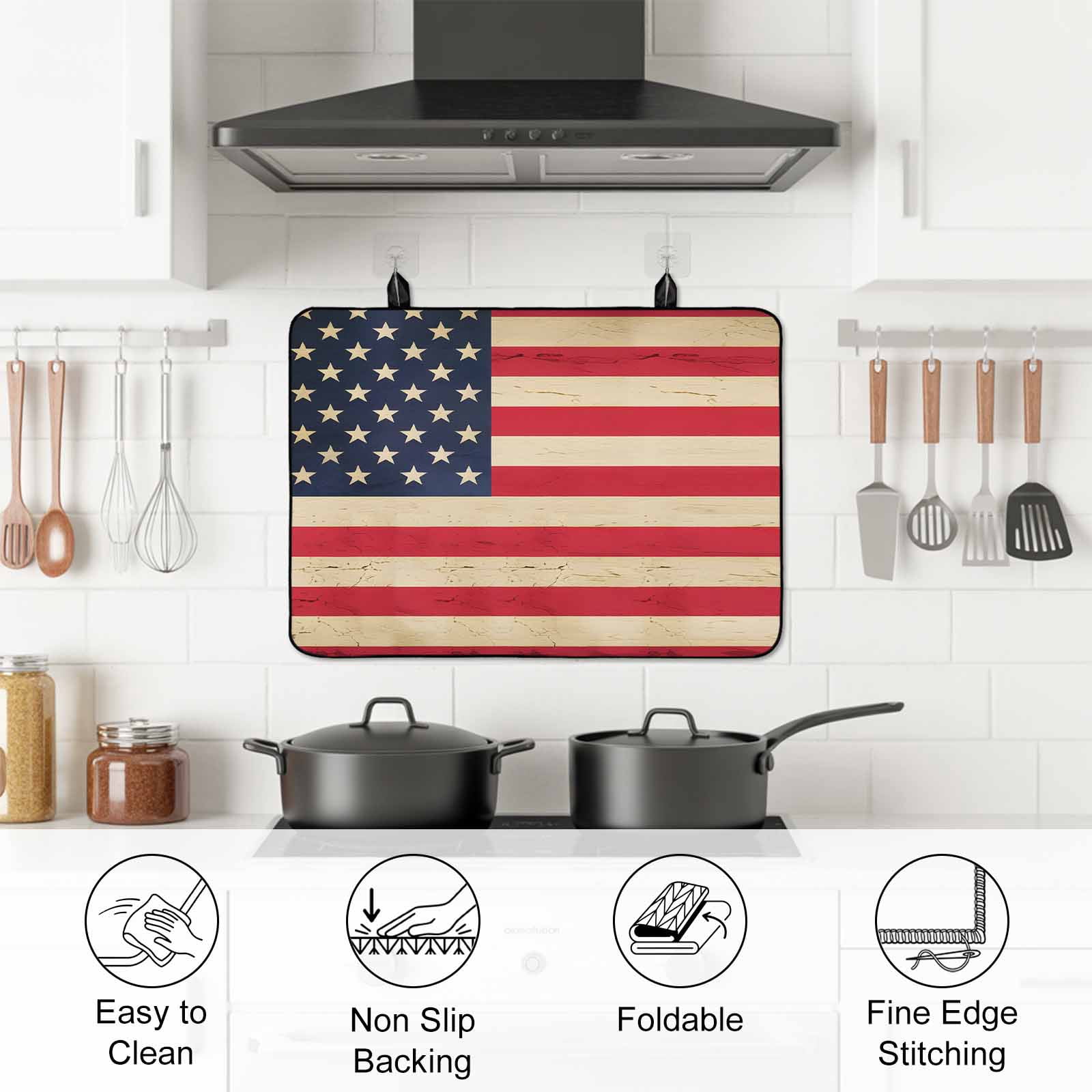 Red American Flag Stove Top Cover for Electric Stove, Heat-proof & Non Slip Glass Top Stove Cover Protector, Retro USA Flag Watercolor Kitchen Flat Cooktop Rubber Mat 24x21 Inches