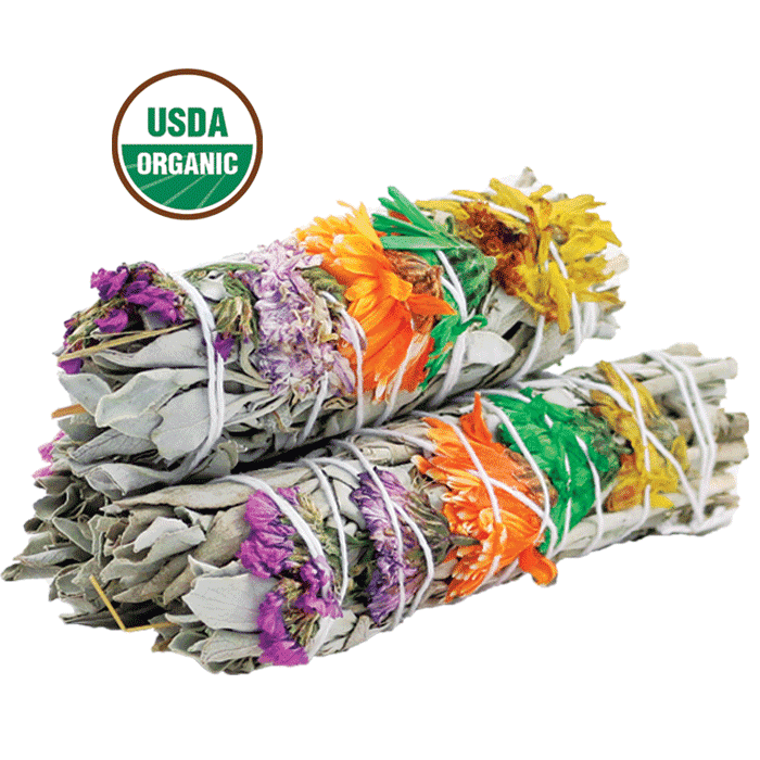 Organic White Sage with Colorful Flowers Pack of 3 Bundles & Smudge