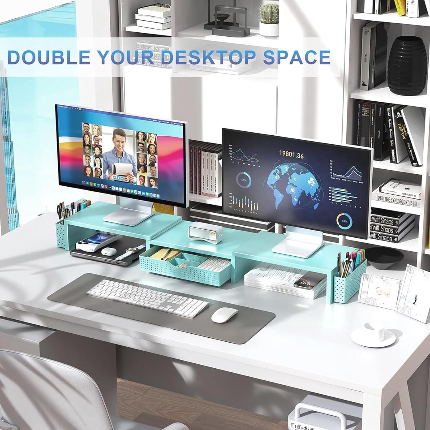 Dual Monitor Stand Riser with Drawer and Pen Holders, Wooden Desk Shelf Organizer for Computer Monitor