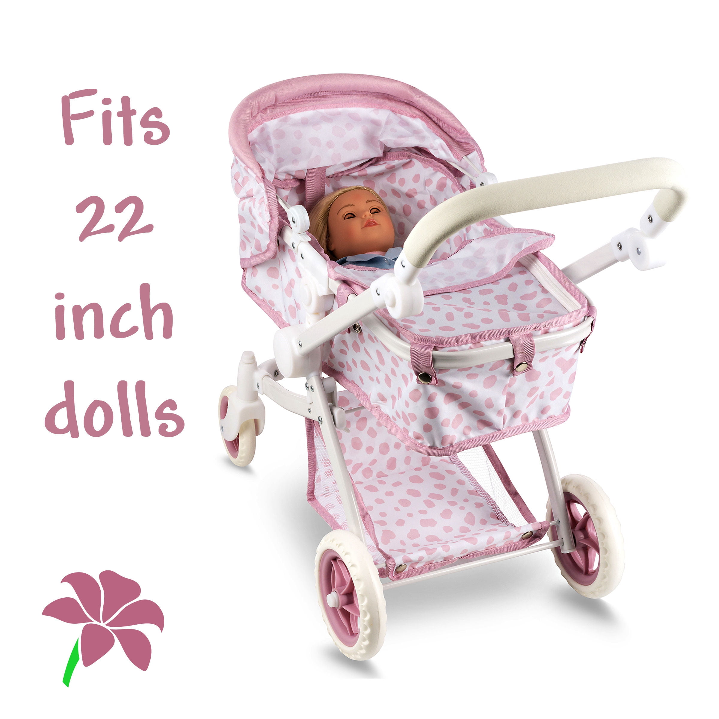 HUSHLILY - Convertible Baby Doll Stroller for Dolls - Bassinet Toy Buggy for Toddlers 3 Years and up, Adjustable Seat & Handle with Storage Basket, Pink Polka Dot Design for Kids