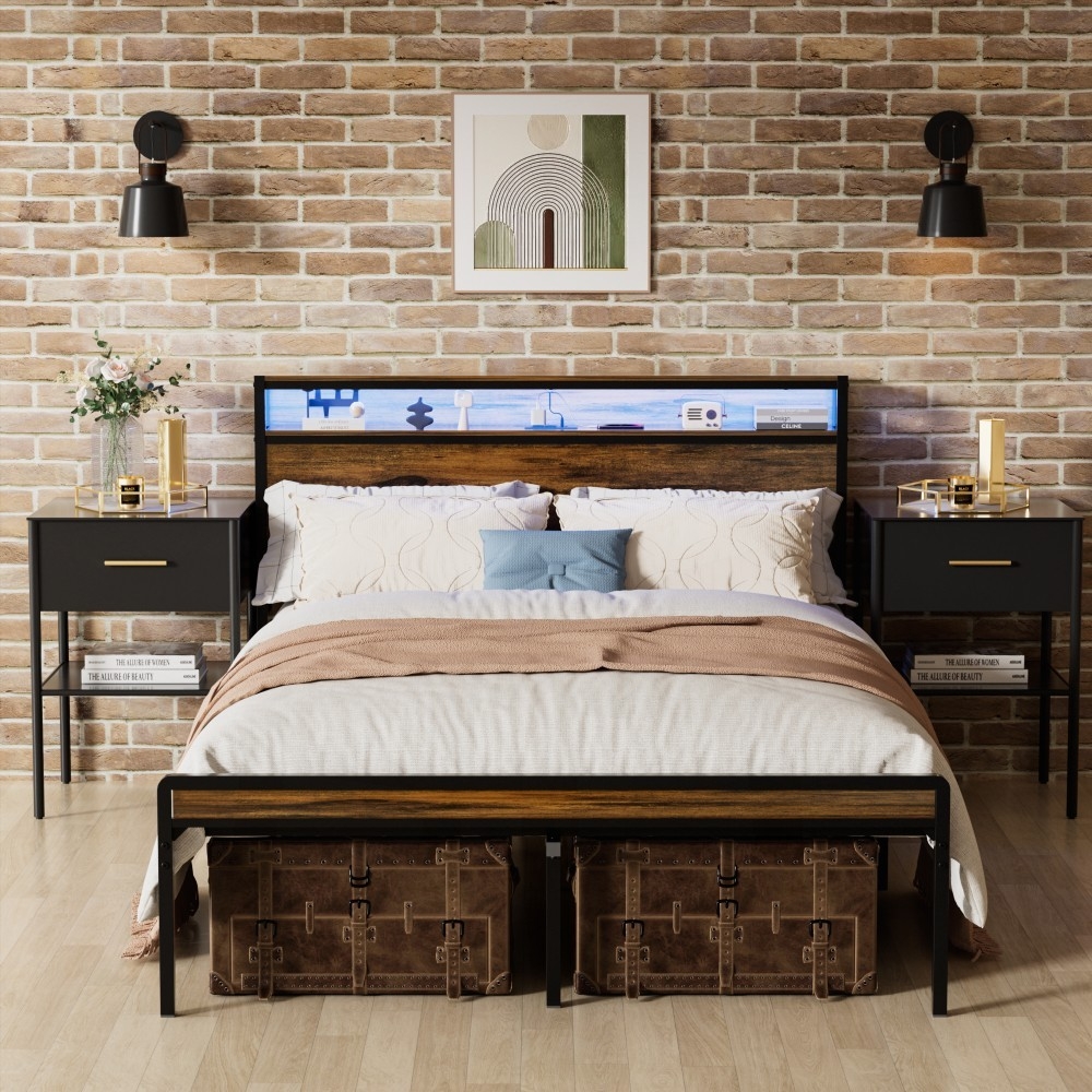 Queen Size Bed Frame - Storage Headboard, LED Light & Charging - Noise Free, Easy Setup