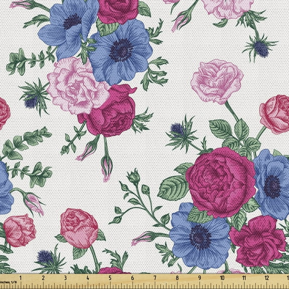 Wedding Fabric by the Yard, Floral Pattern with Bridal Bouquet of Colorful Flowers Roses Anemones and Eustoma, Decorative Upholstery Fabric for Chairs & Home Accents, 5 Yards, Multicolor by Ambesonne