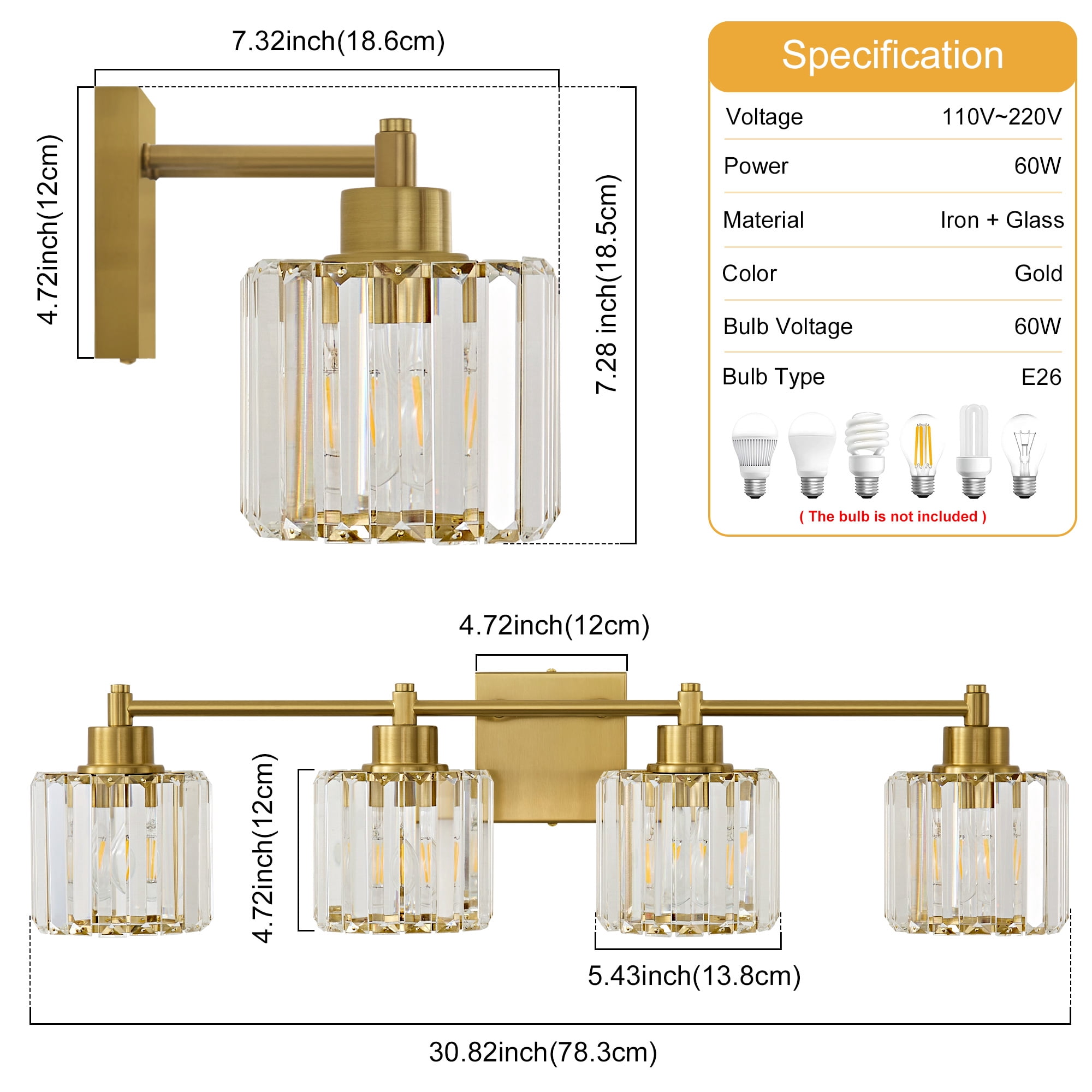 Deyidn Modern 4-Light Bathroom Vanity Light with Crystal Shades, 31 Inch Gold Dimmable Light Fixture for Mirror
