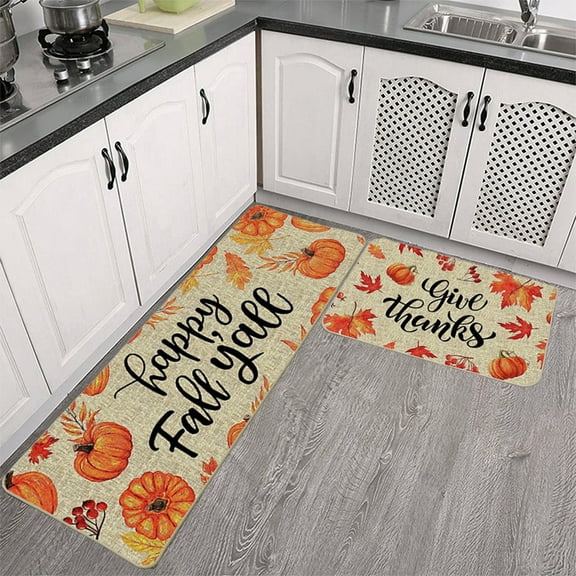 Wadada Pumpkin Fall Kitchen Mats Set of 2, Pumpkins Floral Kitchen Rugs Autumn Leaf Farmhouse Kitchen Floor Mats Non Slip Absorbent Thanksgiving Fall Decor 15x23 and 15x47 Inch