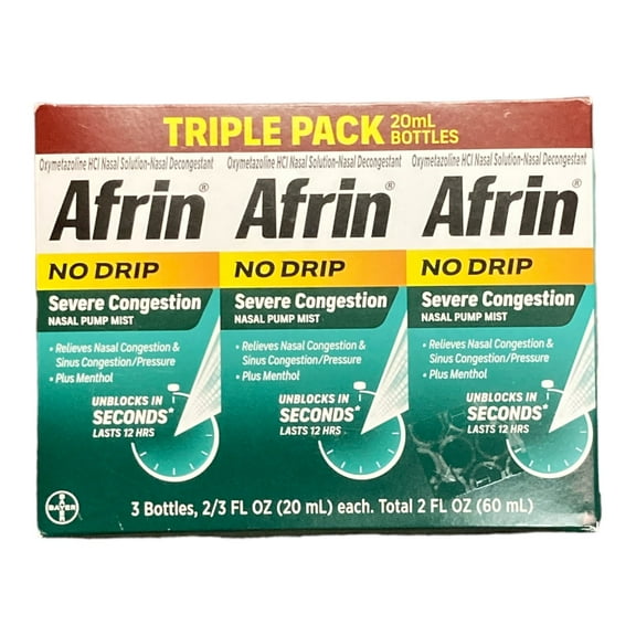 Afrin No Drip Severe Congestion Pump Mist Nasal Spray 20 ml - 3 Pack