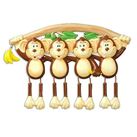 Hanging Monkey Family of 4 Personalized Christmas Tree Ornament Xmas