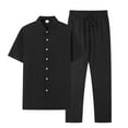 thumbnail image 3 of VBTAPA Mens 2 Piece Outfits Summer Casual Short Sleeve Button Down Shirt & Long Pants Sets Beach Vacation Suits Lounge Tracksuits Black L, 3 of 9