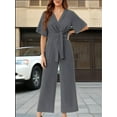 thumbnail image 5 of Summer V-neck Womens Wide Leg Jumpsuits Short Sleeve Tie Knot Front Long Romper, 5 of 6