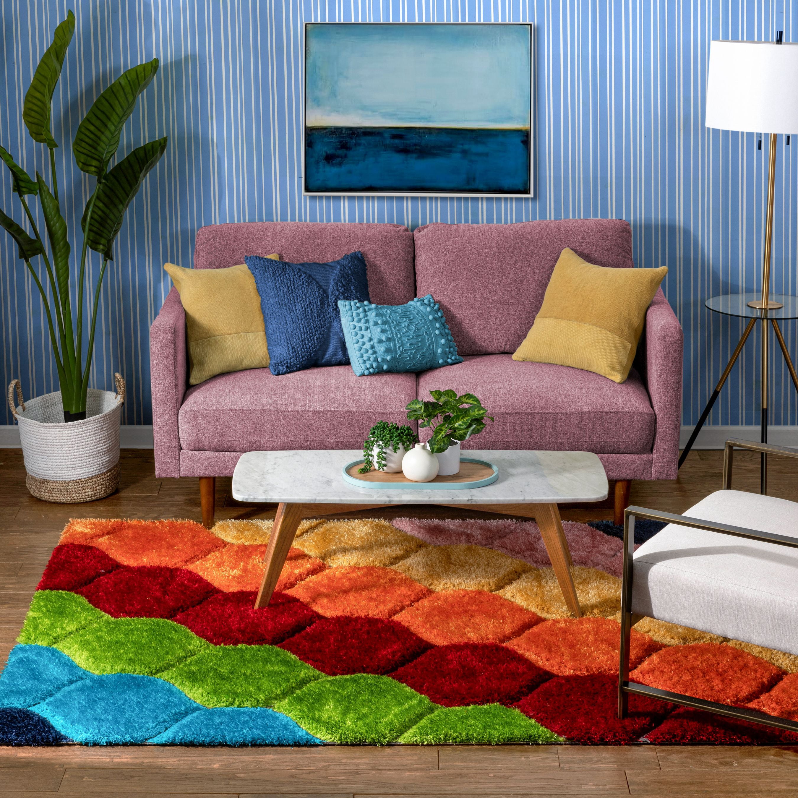 Well Woven San Francisco Rainbow Modern Geometric Shag Multi 3D Textured Thick & Soft Shag 5'3" x 7'3" Runner Area Rug