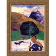 Landscape with black pigs and a crouching Tahitian 24x18 Gold Ornate Wood Framed Canvas Art by Paul Gauguin