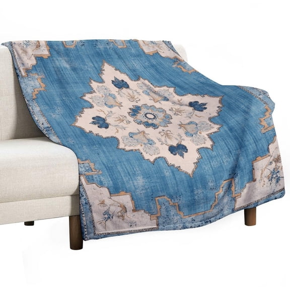 Blue Floral Medallion Rug Flannel Blanket Lightweight Blanket for Couch Sofa Bed, Super Soft Cozy Print Warm Blanket