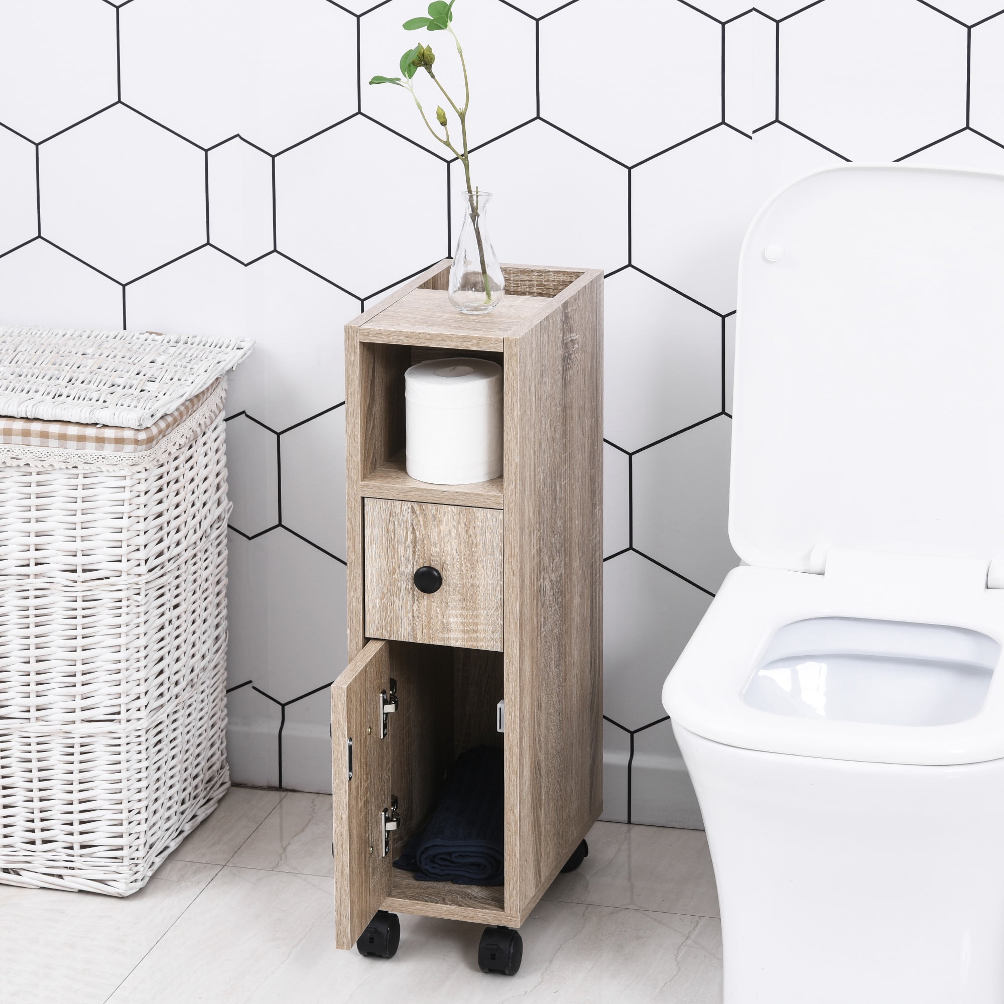HOQBN Freestanding Compact Design Bathroom Cabinet with 2 Open Cabinets, 1 Door Cabinet, 1 Drawer and 4 Rolling Wheels, Oak