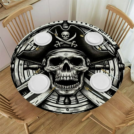 

BCIIG Skull Pirate Adventure Round Table Cover Stain Resistant Washable Indoor Outdoor Tablecloth Kitchen Dining Wedding Parties 100% Polyester Fiber 54-58