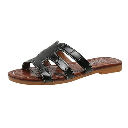 

Cathalem Ladies Fashion Solid Color Leather Thin Band Combination Open Toe Flat Casual Slippers Black 39