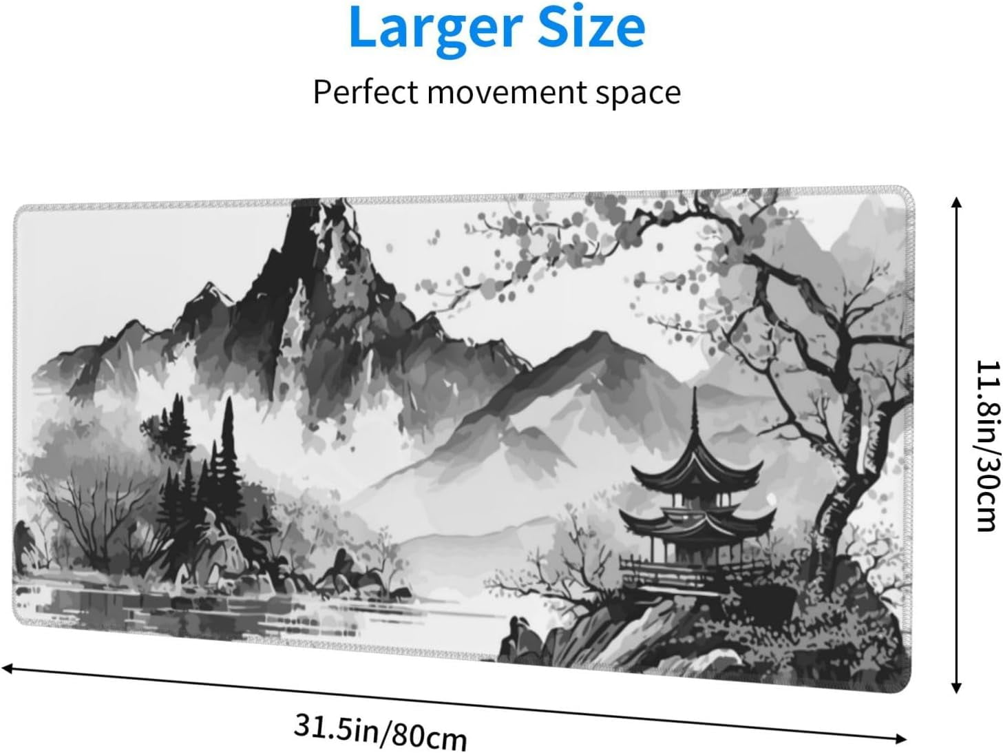 Japanese Cherry Blossom Gaming Mouse Pad XL 31.5×11.8 Inch Black White Watercolor Floral Mountain Extended Mousepad 30X80cm Non-Slip Rubber Base Stitched Edge Large Desk Pad for Gamer Office Home