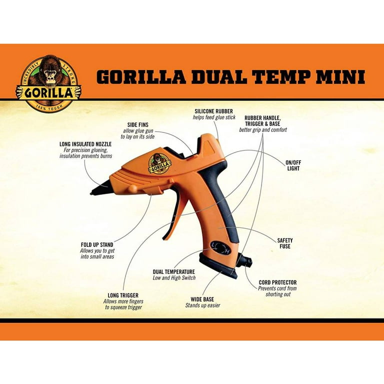 Gorilla Dual Temp Hot Glue Gun Full Size Orange Built in Stand Easy Squeeze  Trig