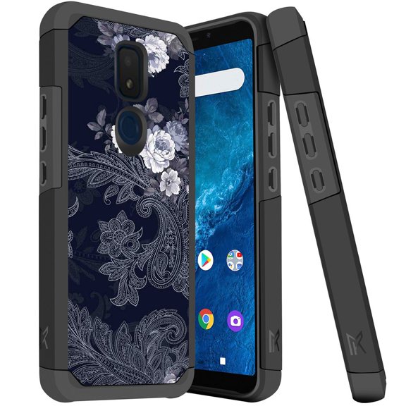 ANJ  Slim Dual Layer Hybrid Shockproof Case   Tempered Glass Cover for Cricket Icon 3, Splendor, AT&T Motivate 2 - Paisley Roses