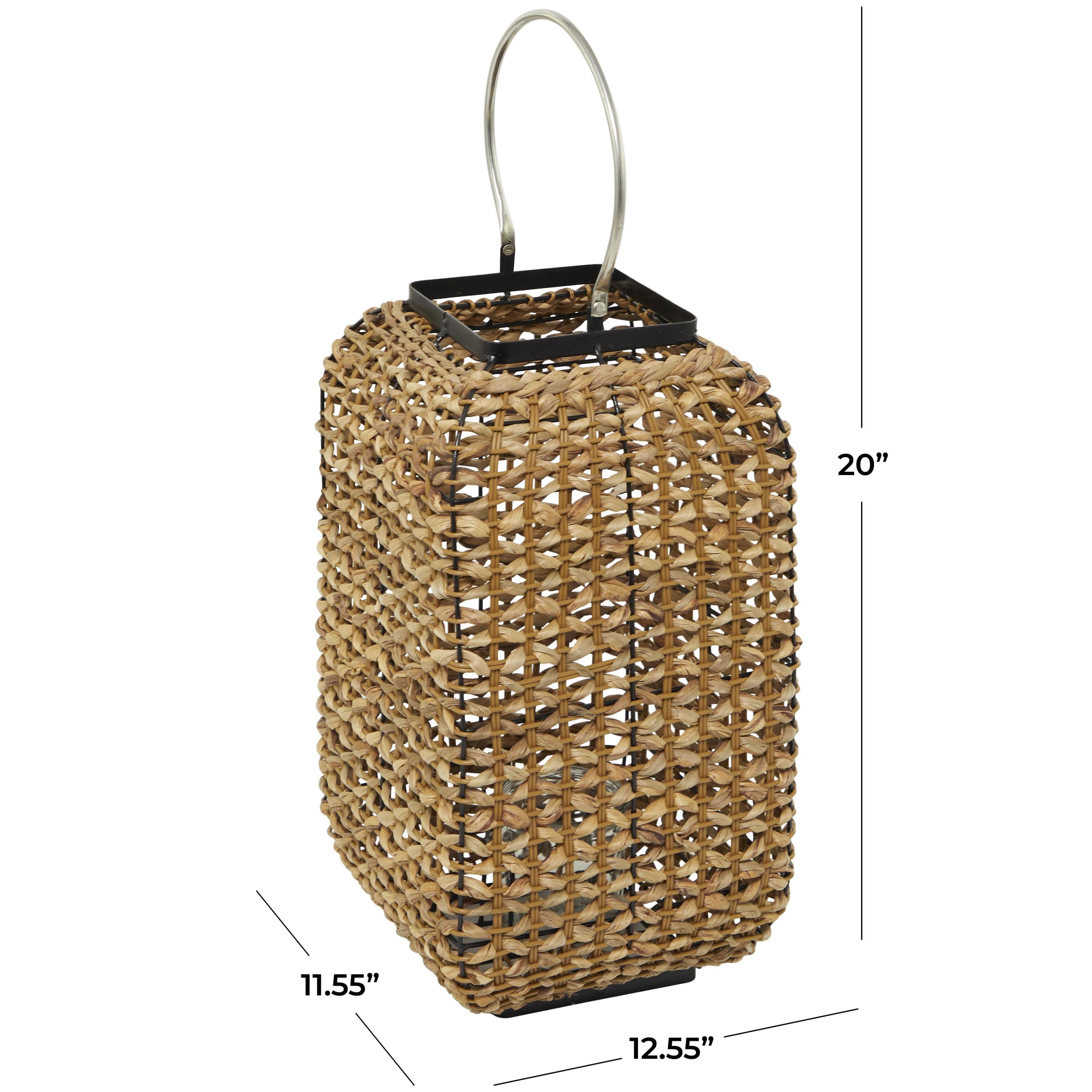 DecMode Brown Dried Plant Handmade Rattan Weaved Decorative Candle Lantern with Glass Holder and Handle