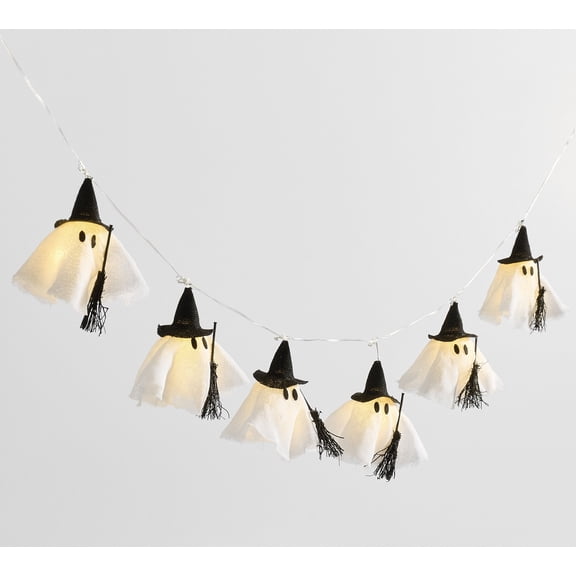 Lit Witch Ghost String Lights - 6FT Halloween Decoration with 6 Glowing Fabric Mini Ghost - Battery Operated for Spooky Indoor Party Decor, Fireplace Mantel & Window Display