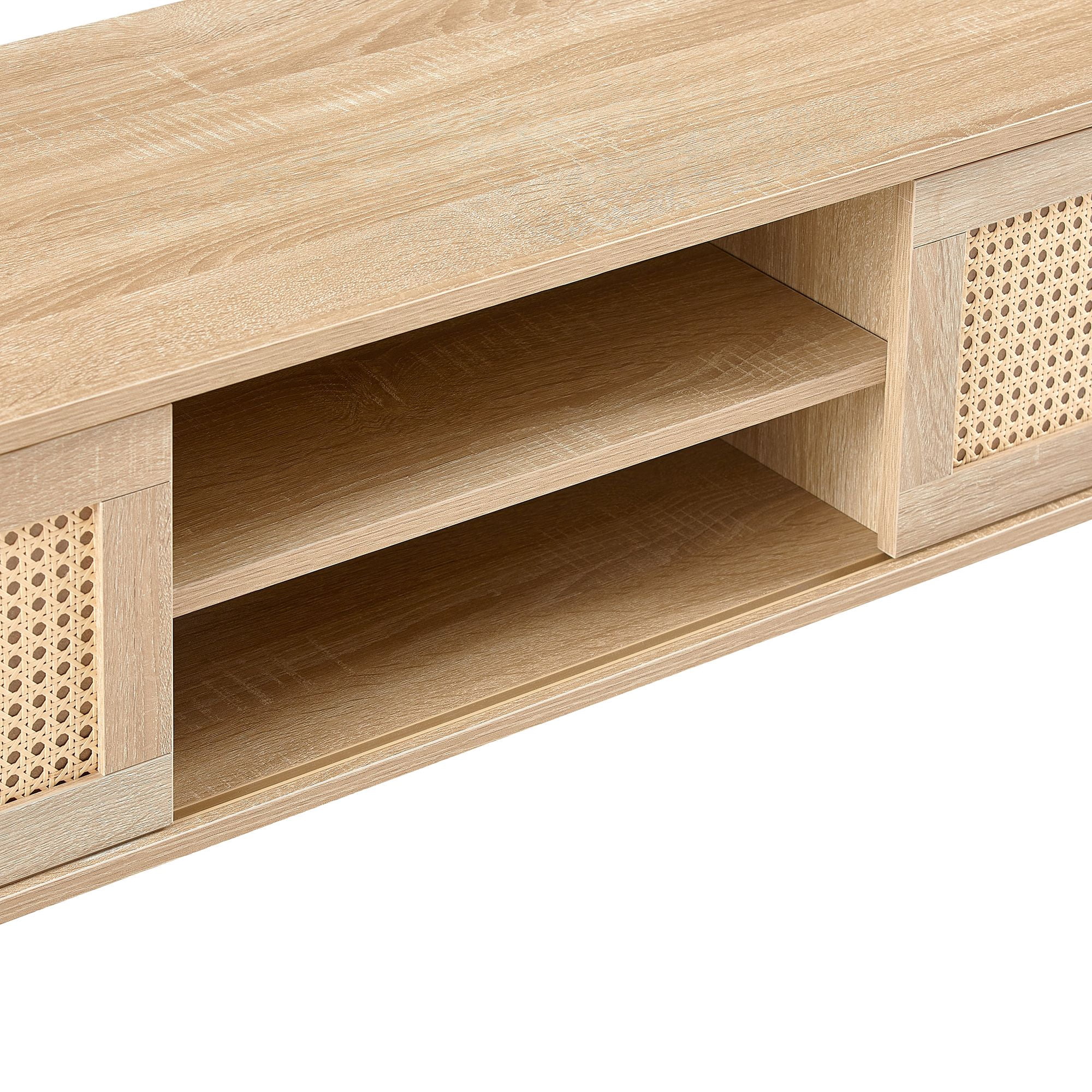 DEALTOPS Modern Rattan TV Stand with Sliding Doors and Open Storage Compartments for TVs up to 55'' -Natural