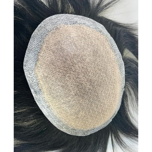 Breathable Silk Base with PU Round Side Natural Looking Mens Toupee Hair Replacement 100% Human Hair System Straight Black Wig