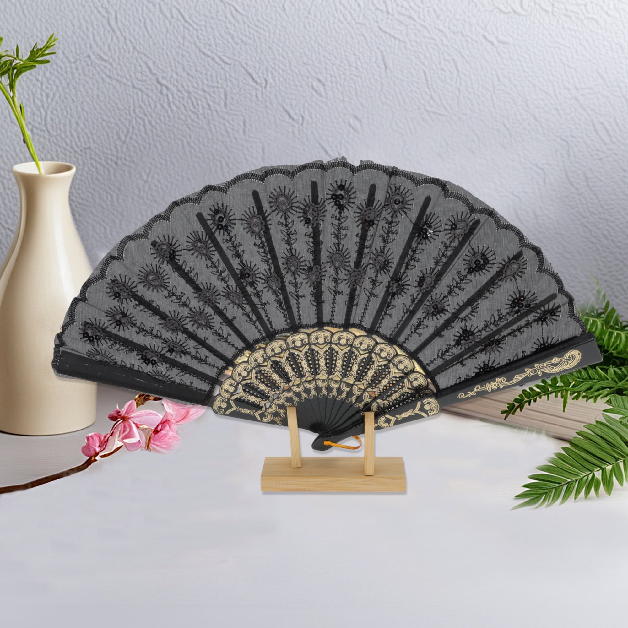 Unique Bargains Beautiful Sequins Folding Fan 1 Pc Black