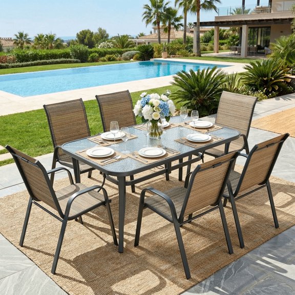 TLSUNNY Outdoor Patio Dining Set of 7, Rectangular Dining Table with Umbrella Hole and 6 Stackable Chairs, for Lawn, Deck, Poolside, Backyard
