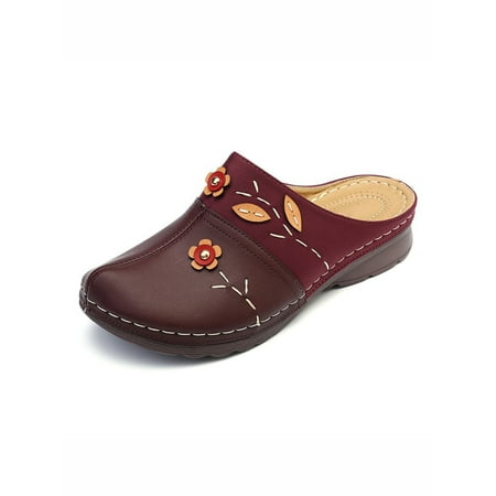 

UKAP Women Sandals Slippers Floral Design Round Toe Comfortable Slip On Woman Wedge Casual Red Wine 7