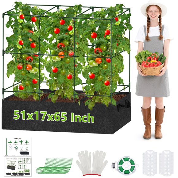 Treillis à Concombres pour Jardin - Cages à Tomates de Jardin 51x17x49 Pouces, Sacs de Culture de 46 Gallons, Support de Plantes Carré