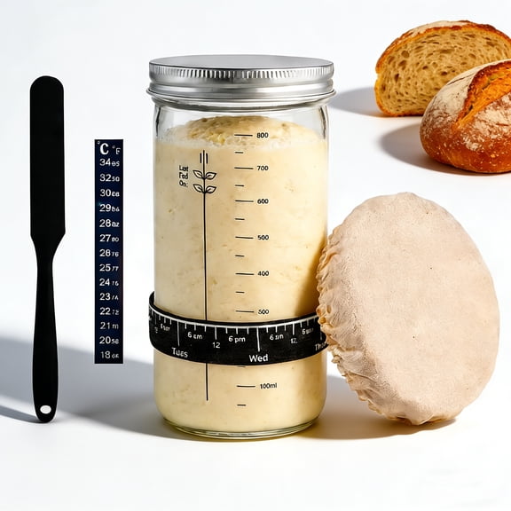 Sourdough Starter Jar Kit - 32 oz Sourdough Starter Jar With Thermometer, Silicone Scraper, Cloth Cover And Aluminum Lid - sourdough supplies