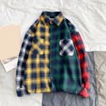 thumbnail image 2 of Mens Plaid Shirt Color Block Shirt Long Sleeve Button Collar Asymmetrical Hem Casual Streetwear Top Yellow L, 2 of 4