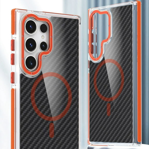 Magnetic Phone Case for Samsung Galaxy S23 Ultra Case,Carbon Fibre Textured Back Fingerprint-Resistant Anti-Scratch Anti-fall Shockproof Protective Phone Case Compatible with MagSafe,Orange