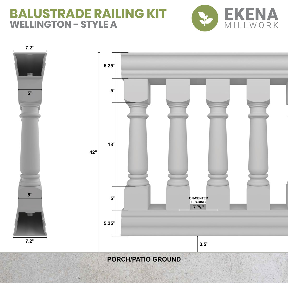Ekena Millwork 42"H x 15'L Fiberthane Wellington Unassembled Balustrade Railing Kit, Style A (7 5/8" On-Center Spacing to Pass 4" Sphere Code)