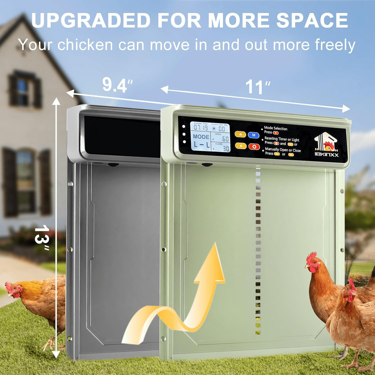 Automatic Chicken Coop Door Solar Powered with Timer, Light Sensor, Remote Control, LCD Display, Aluminum Alloy 4 Auto Modes Wide Chicken House Door, Anti-Pinch, Weatherproof, USB Backup, Green