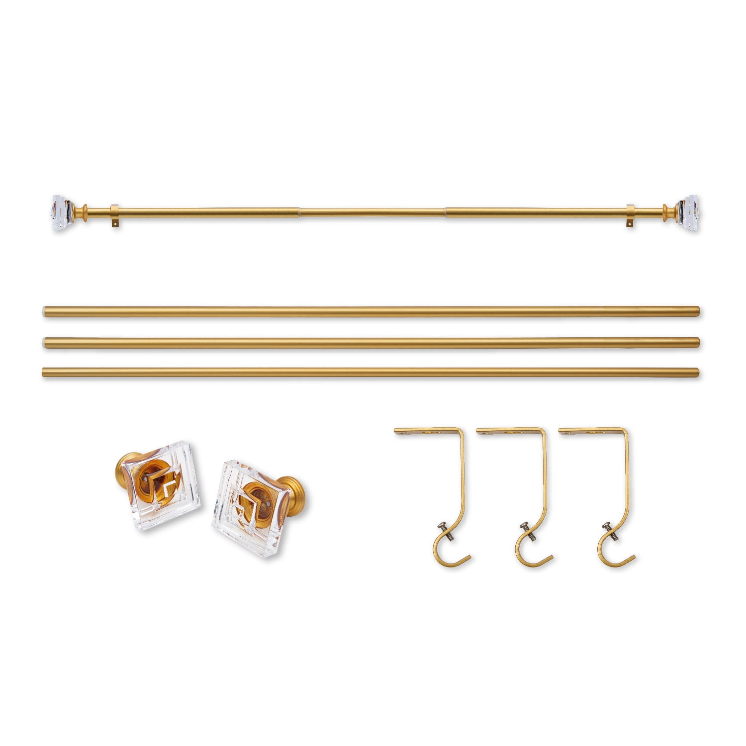 Curtain Rod Adjustable Window Drapery Rods with clear acrylic plexiglass square finials, 3piece brackets, hardware kits. Gold 48-120 inches.