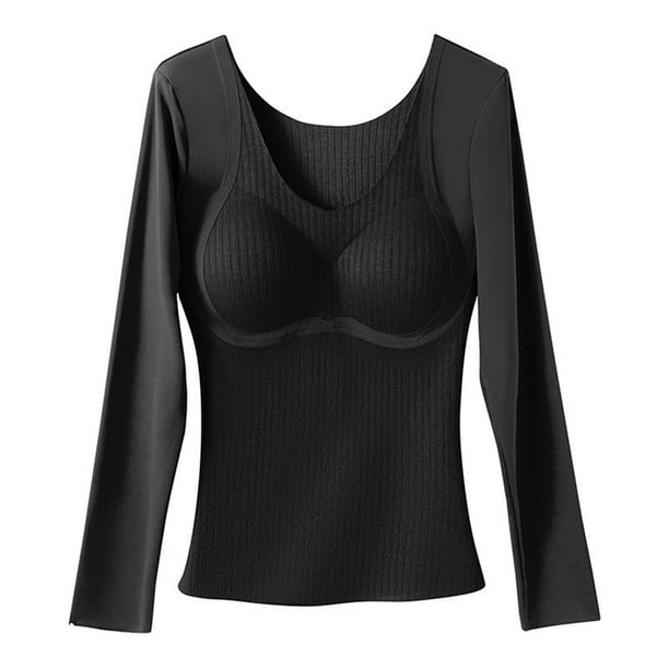 Blusa térmica de poliéster para mujer, otoño-invierno, color liso, de terciopelo acanalado, muy elástica, con sujetador incorporado y mangas largas.